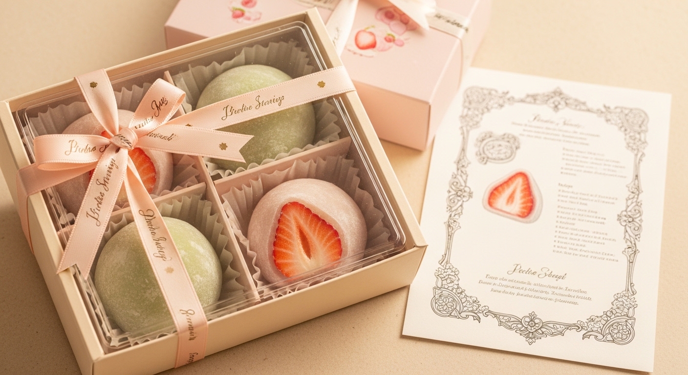 파스텔 톤의 고급스러운 선물 상자에 정갈하게 담긴 딸기 모찌 세트. 은은한 리본 장식과 정성스럽게 적힌 수제 레시피 카드가 곁들여져 있으며, 누군가에게 마음을 전하기 좋은 따뜻하고 감성적인 분위기의 8k 사진