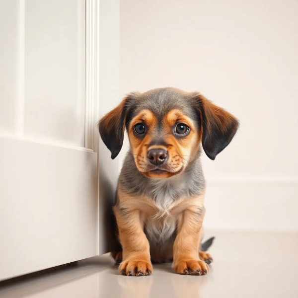 3. 문 옆에 앉아 슬픈 표정으로 기다리는 강아지, 외로움과 불안감을 표현한 실사 이미지