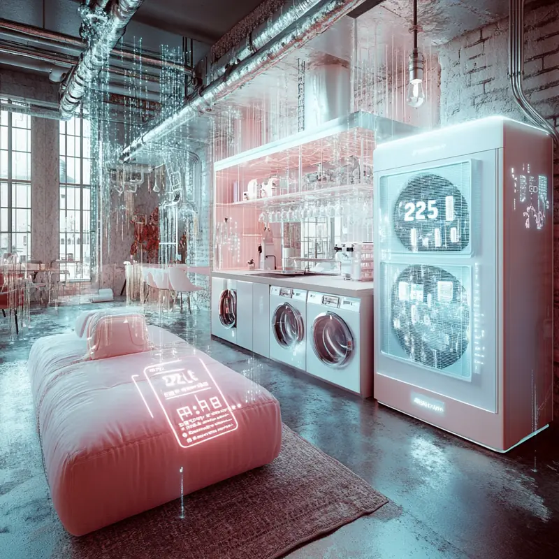 2025년 트렌드를 반영하여 다양한 벽걸이 에어컨 브랜드의 에너지 효율성을 알기 쉽게 시각화한 이미지. 산업적 감각과 부드러운 파스텔 색조가 조화를 이룬 공간에서, 측면 조명이 고급스러움을 더합니다.