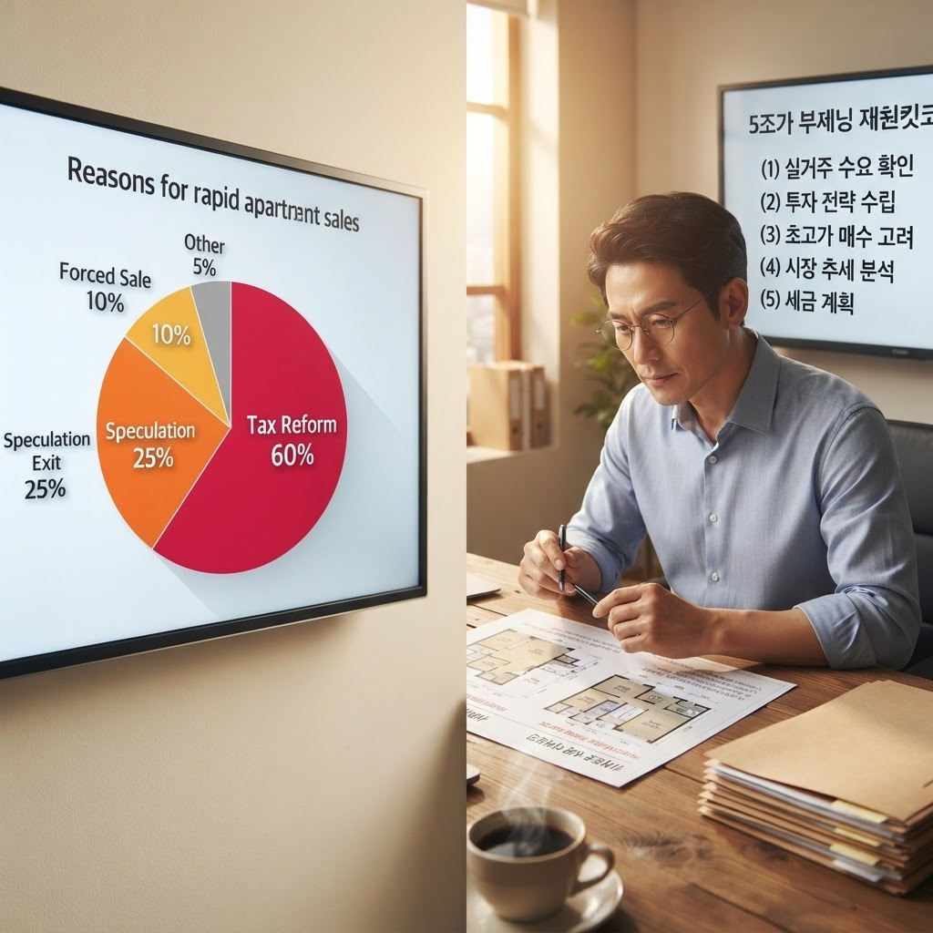 급매 발생 원인 분석 (세제 개편 60%, 투자자 25%, 강제 매도 10%, 기타 5%)