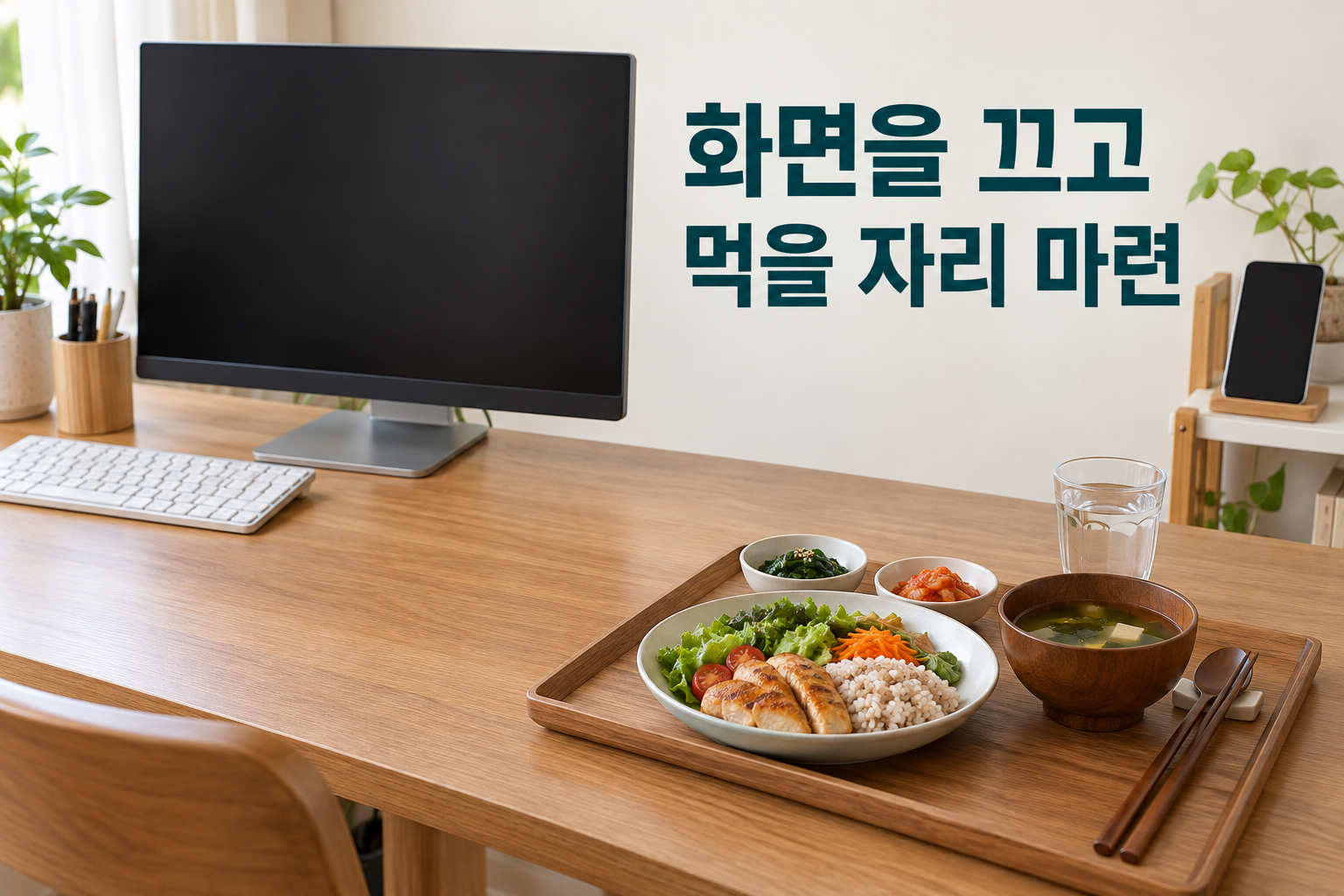화면을 끄고 키보드를 옆으로 옮겨 쟁반 놓을 자리를 마련한 책상