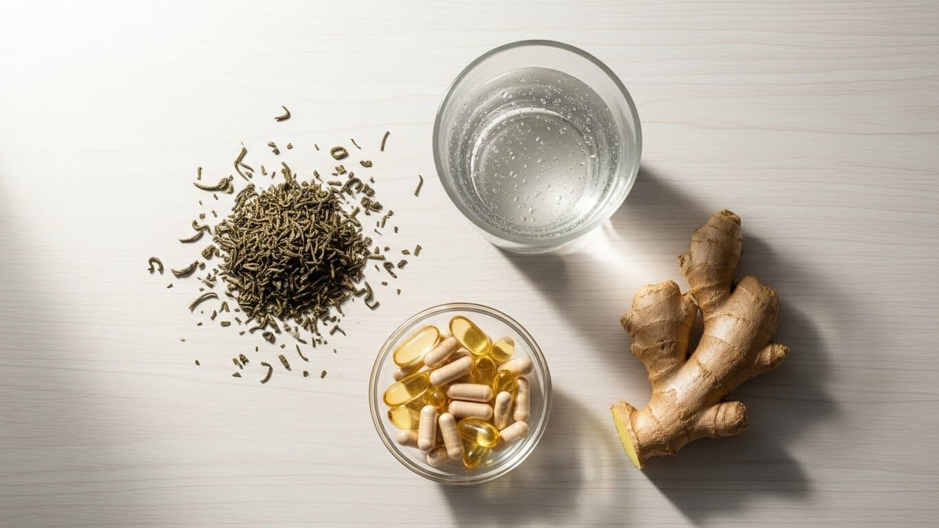 Natural dietary supplements and herbs for appetite suppression on a wooden table.