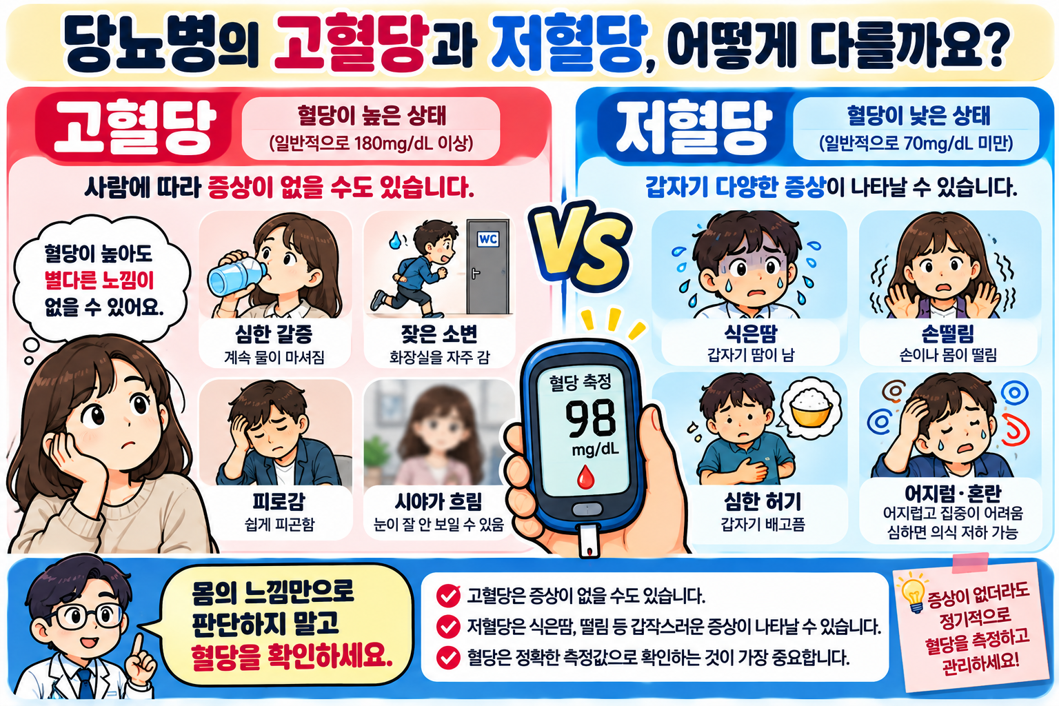 당뇨병의 고혈당과 저혈당 증상 차이 및 혈당 확인의 중요성