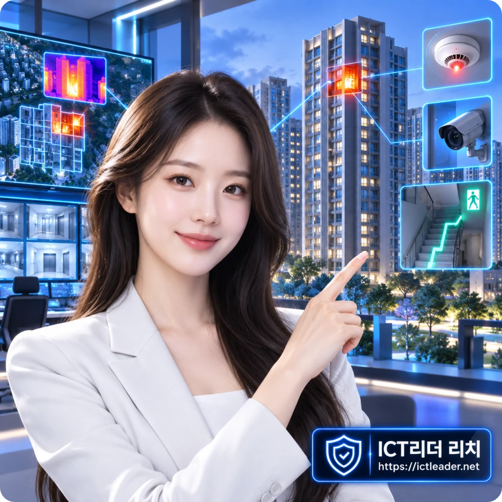 AI 관제 시스템으로 초고층아파트의 화재 위험과 피난 경로를 실시간 분석하는 여성 방재 전문가