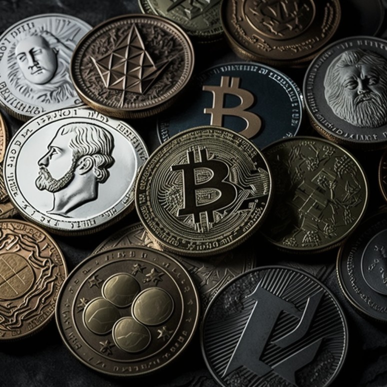 암호화폐를 동전으로 그린 그림