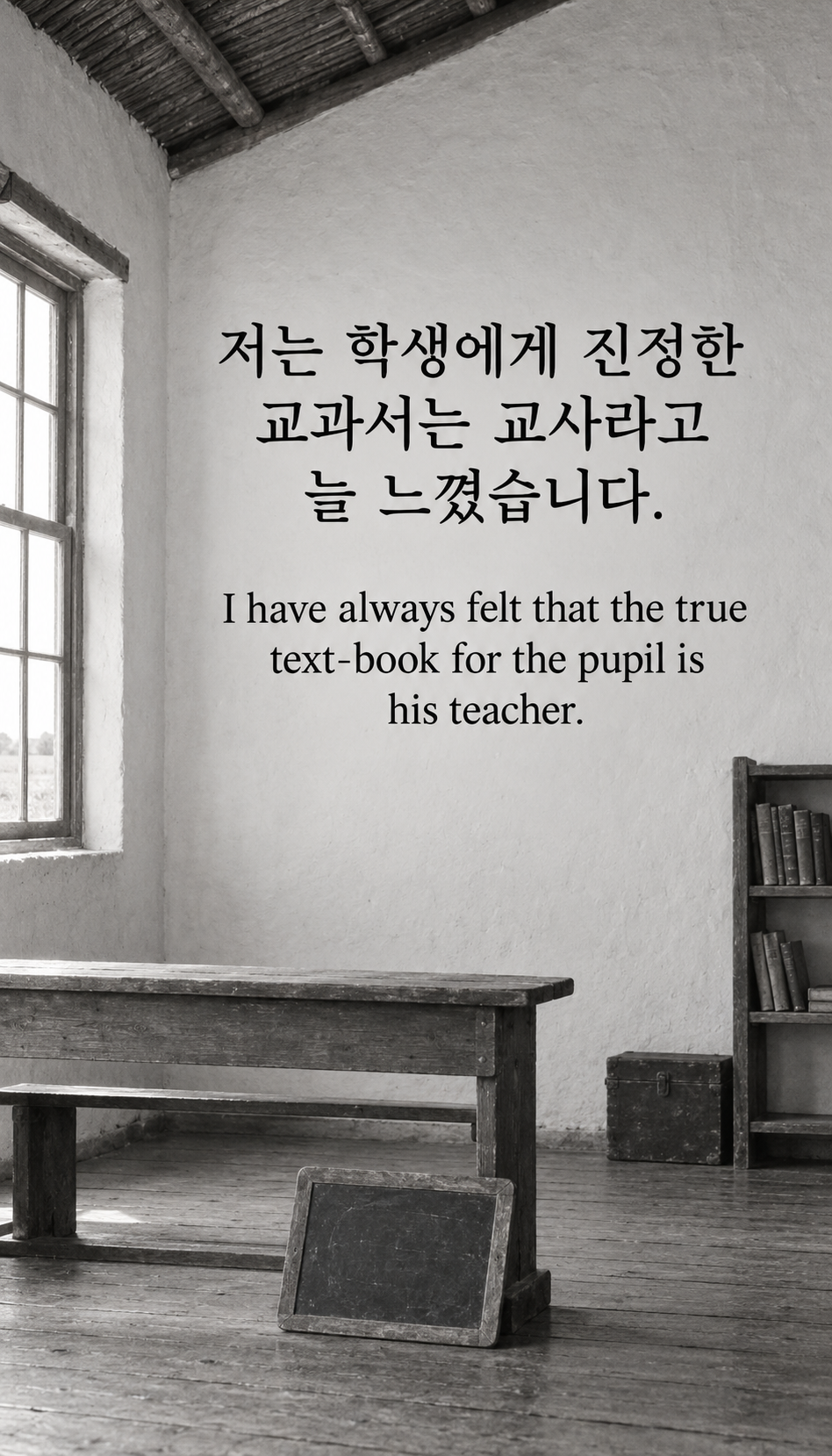 저는 학생에게 진정한 교과서는 교사라고 늘 느꼈습니다. &mdash; 톨스토이 농장 시대의 빈 학습 공간, 간디 시대의 흑백 기록 사진풍