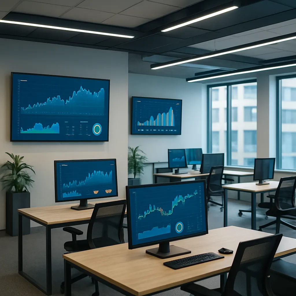 데이터 차트가 표시된 스타트업 사무실 내부