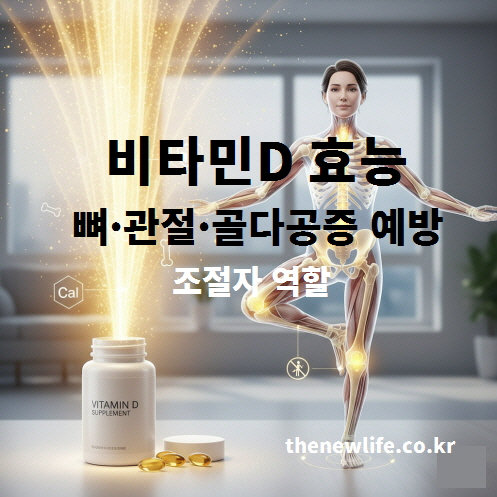 비타민D 효능 – 뼈·관절·골다공증 예방에 도움이 되는 칼슘 흡수와 인체 조절자 역할을 상징하는 이미지