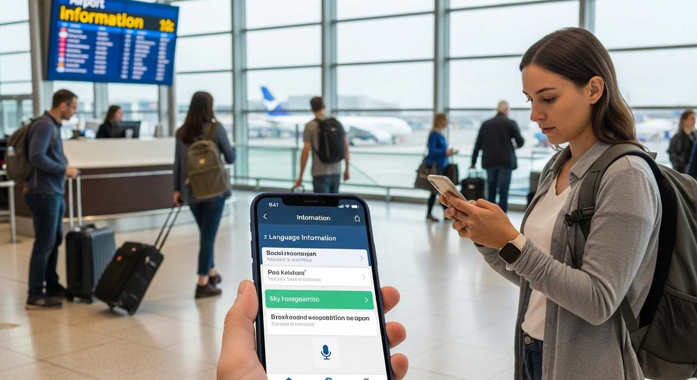 공항에서 스마트폰 통역 앱을 활용하는 여행자의 모습