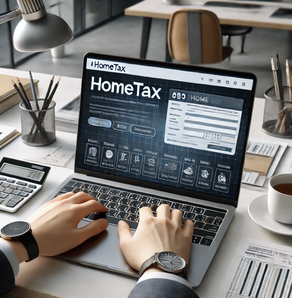 세금 관련 서류가 표시된 채 신고를 준비하는 장면