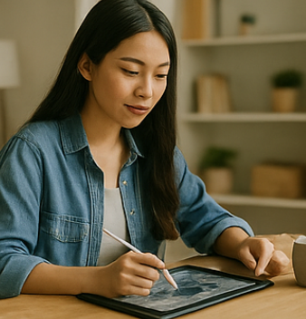 패드를 이용하며 글을 쓰는 여성 사진