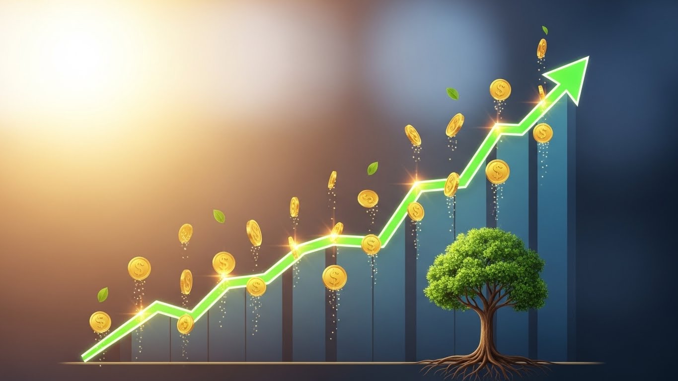성장하는 주식 그래프와 배당금을 상징하는 이미지