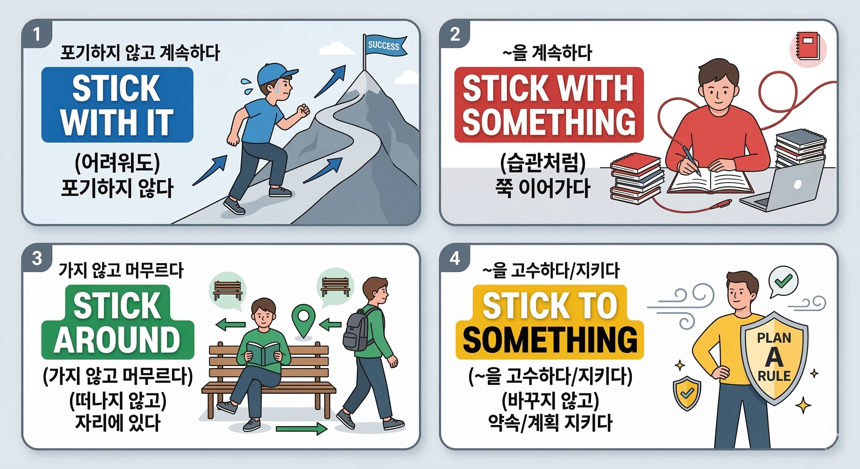 "포기하지 않다 계속하다 고수하다 가지않고머무르다 등 stick을 활용한 다양한 영어 표현의 차이를 설명하는 인포그래픽 이미지"