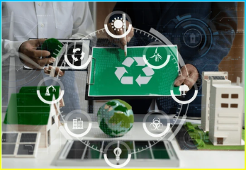 재생 에너지 솔루션, 생태 개념, 녹색 사업을 통한 지속 가능한 개발 데이터에 대해 논의.