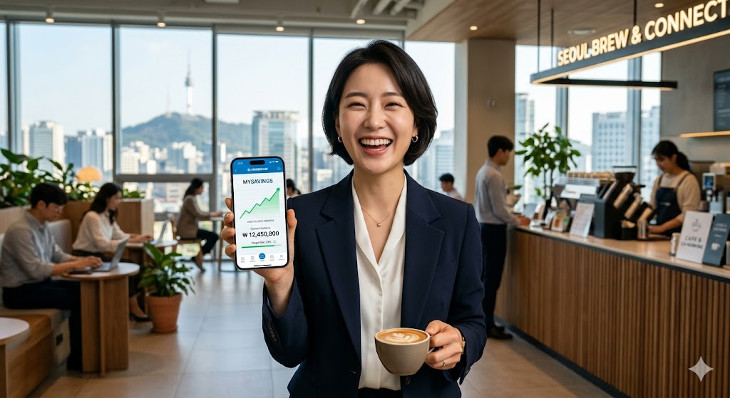 서울의 깔끔하고 현대적인 오피스 카페를 배경으로, 젊은 한국인 직장인이 스마트폰 화면을 보며 환하게 웃고 있는 모습. 스마트폰 화면에는 자산이 성장하는 금융 그래프가 선명하게 표시되어 있으며, 자연스러운 햇살이 들어와 따뜻하고 희망찬 분위기를 연출하는 8k 초고해상도 라이프스타일 사진.