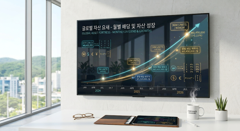 세련된 모던 오피스 데스크 위에 놓인 태블릿 PC 화면에 선명하게 찍힌 TIME Korea플러스배당액티브 연금저축·IRP 월배당 복리 재투자 시뮬레이션