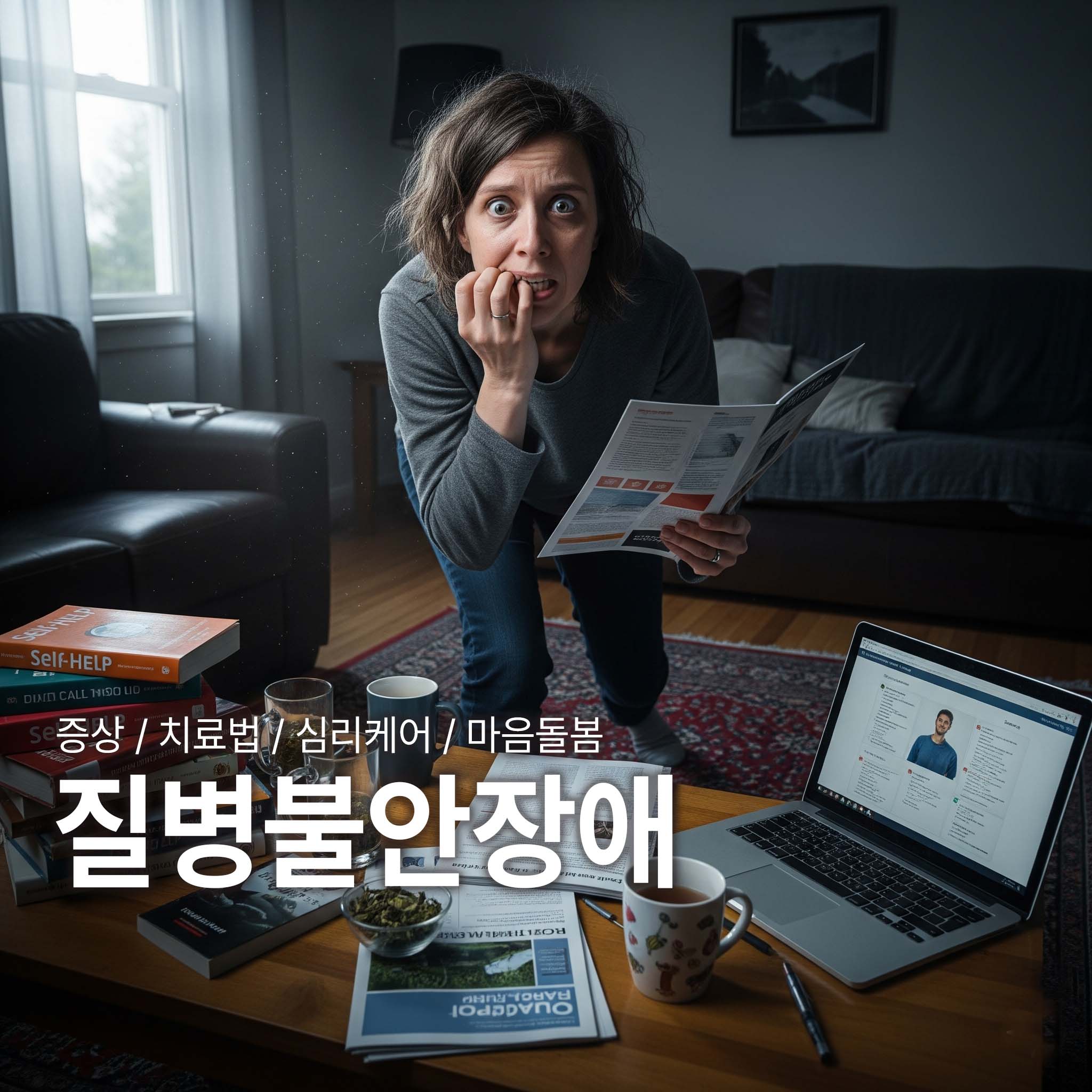 질병불안장애의 증상인 불안을 느끼고 있는 여자. 의학정보지 등을 찾아보며 불안해 하고있다