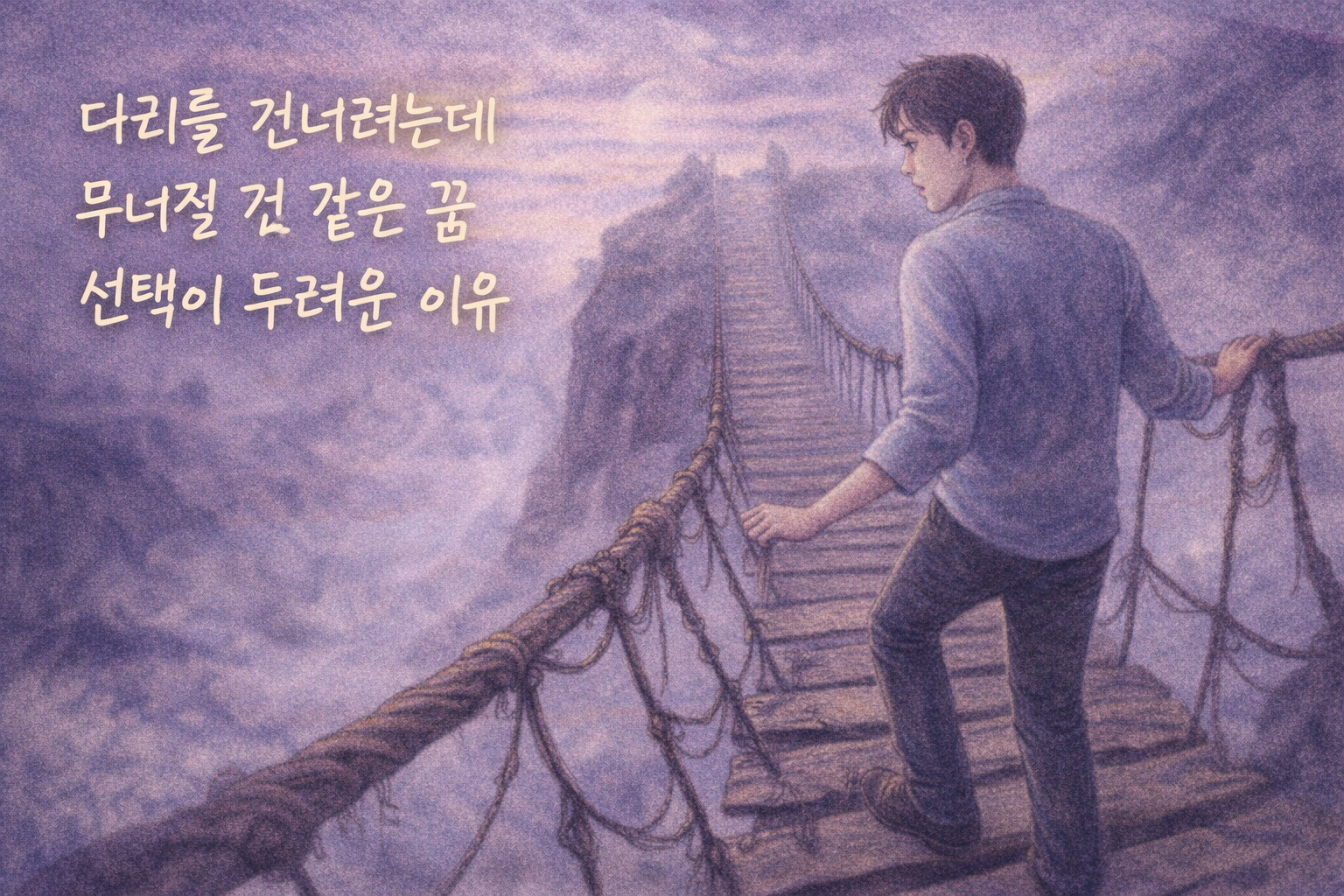 절벽 위 흔들다리 앞에서 망설이며 선 남성의 색연필 질감 일러스트