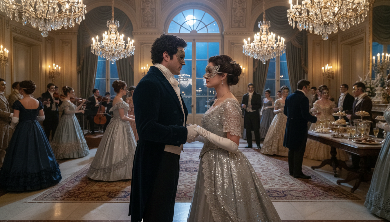 브리저튼 시즌4의 배경이 되는 화려한 19세기 영국 가면무도회에서 운명적으로 마주보는 베네딕트와 은빛 드레스의 소피