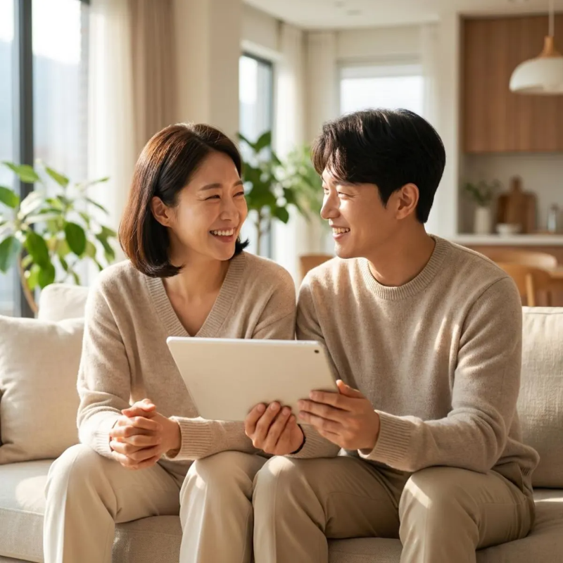 2026년 육아휴직 급여 인상 혜택을 확인하고 기뻐하며 서로를 바라보는 한국인 맞벌이 부부의 모습