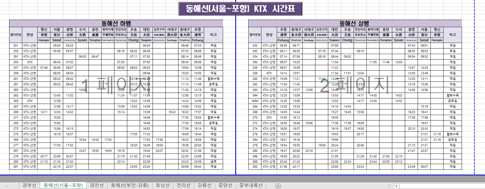 ktx 동해선 (서울-포항) 시간표 최신 파일 다운로드