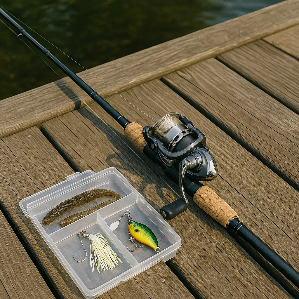 나무 데크 위에 놓인 배스 낚시 입문 장비 세트