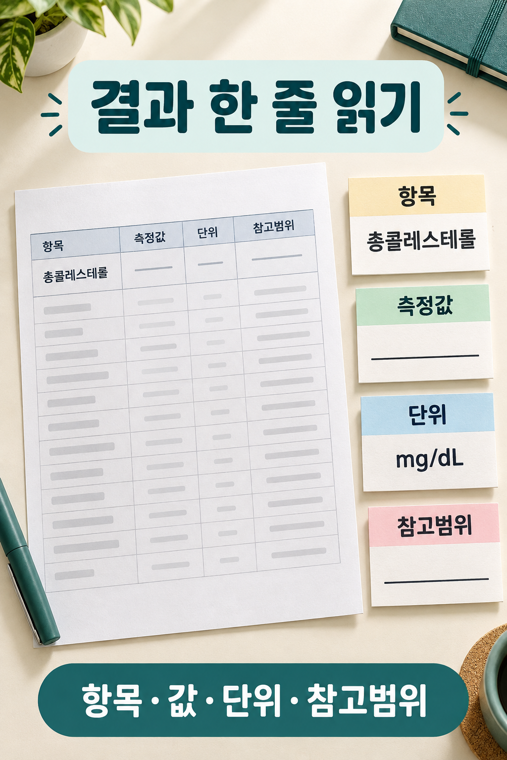 항목·측정값·단위·참고범위 네 부분을 구별한 설명용 결과지
