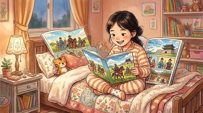 역사 만화책을 신나게 읽는 아이