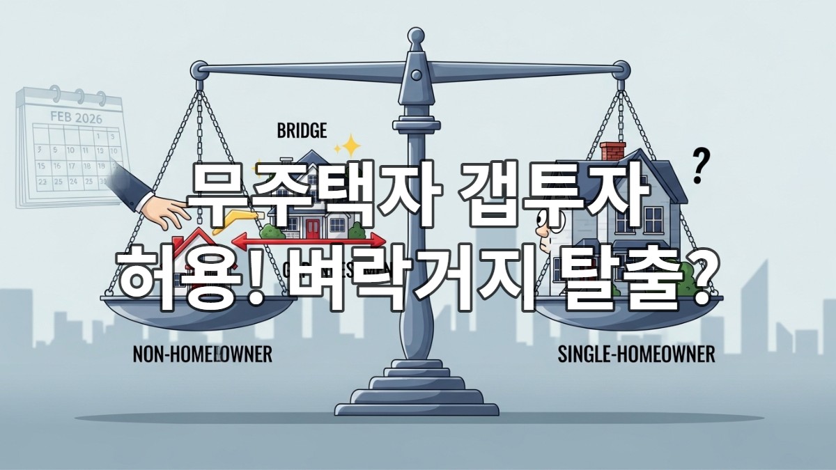 2026년 2월, 무주택자 갭투자 허용과 1주택자 역차별 논란으로 저울질하는 부동산 시장을 상징하는 이미지.