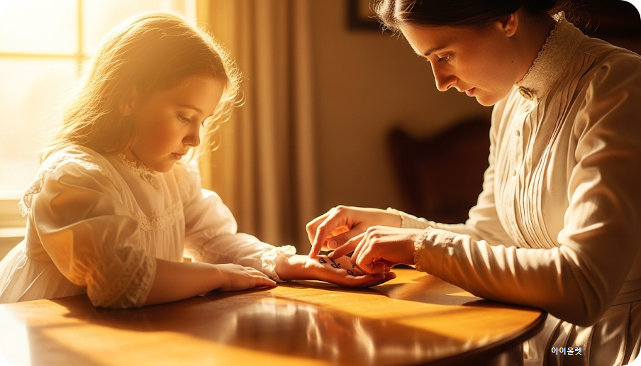 선생님은 손바닥에 "물"이라는 글자를 빠르게 써주었다.