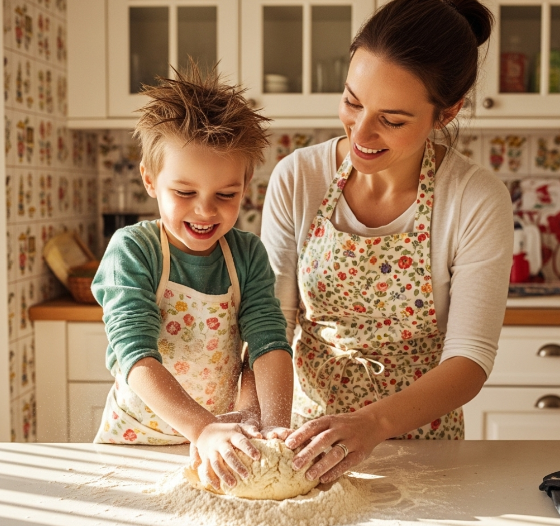 주방에서 엄마와 아이가 밀가루 반죽을 함께 만들고 있는 사진