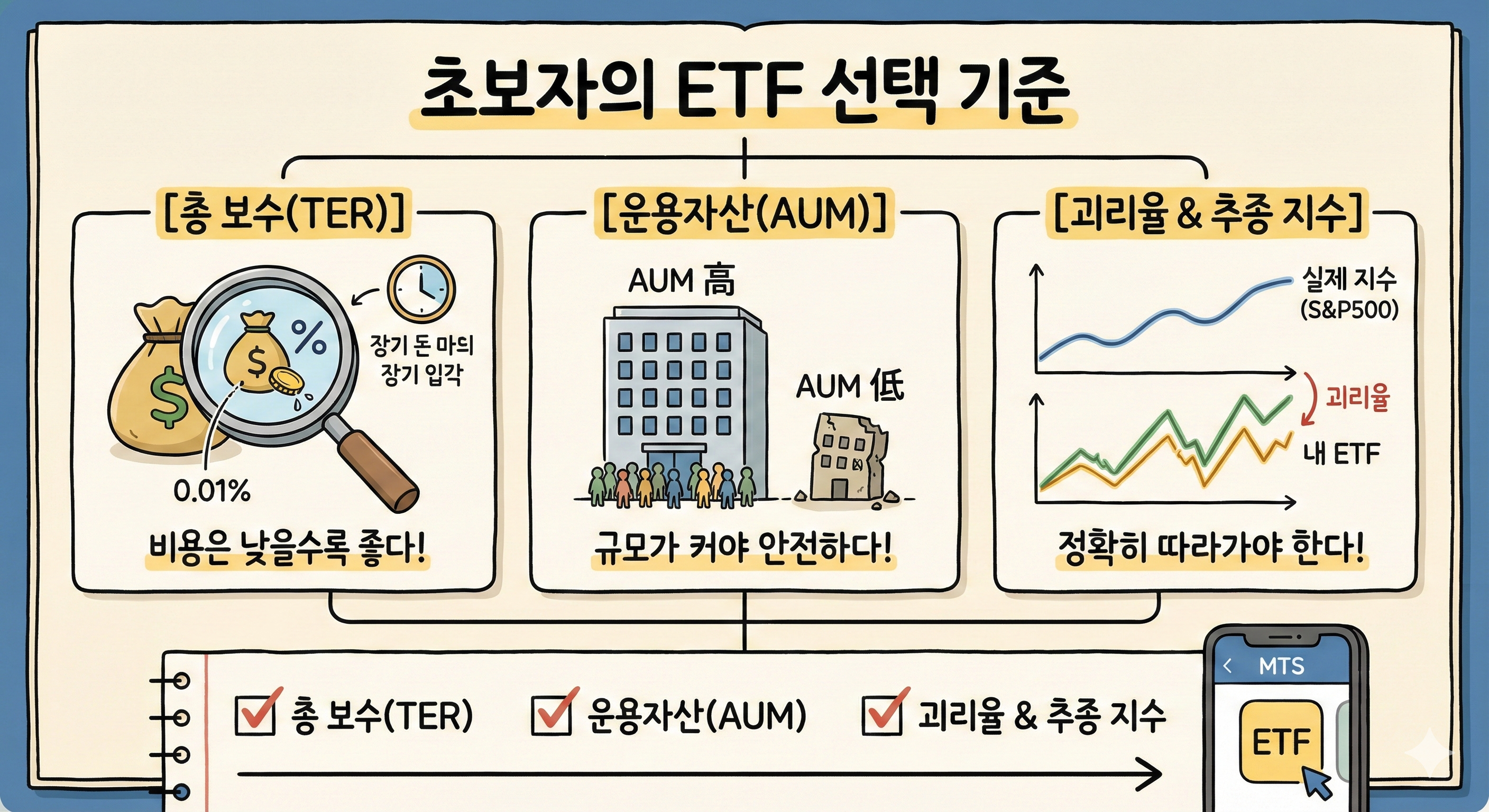 초보자가 ETF를 선택할 때 확인해야 하는 총보수(TER), 운용자산(AUM), 괴리율과 추종 지수를 설명한 인포그래픽 이미지