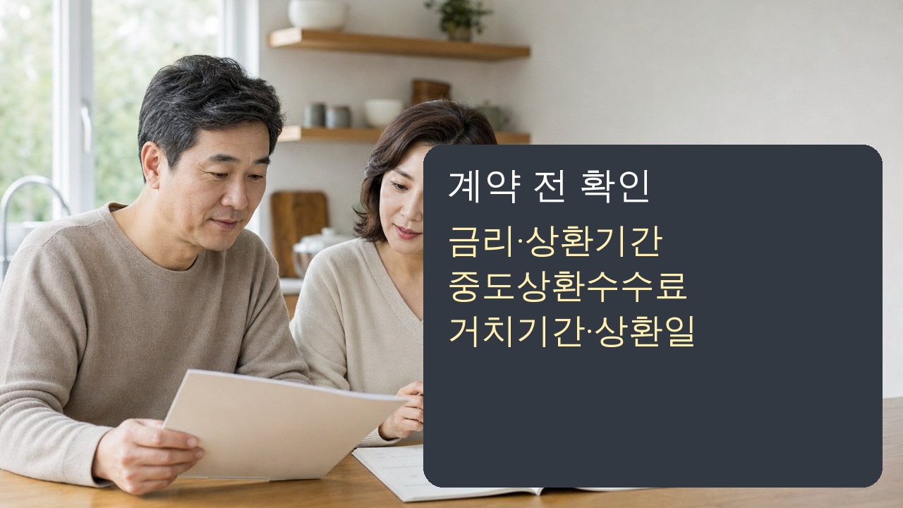 대출 계약 전 금리 기간 수수료와 상환일을 확인하는 중년 가계 이미지