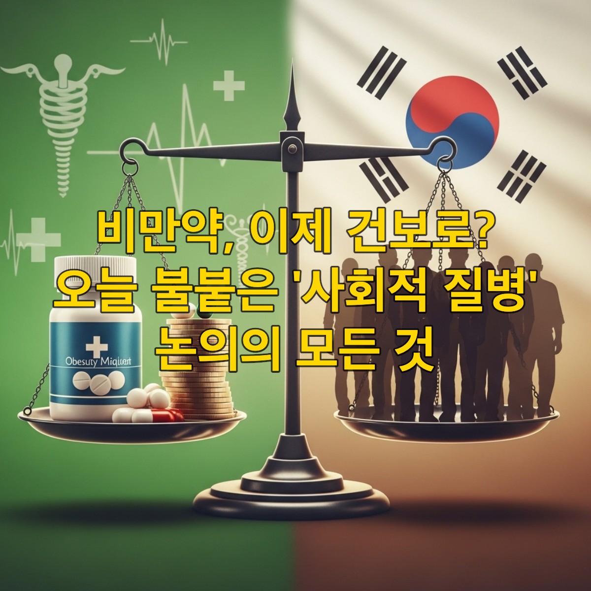 비만 치료제 건강보험 적용 논의를 상징하는 이미지. 약병과 동전이 놓인 저울, 그리고 사람들의 실루엣이 건강보험 재정 부담과 국민 건강 증진 사이의 균형을 나타냅니다.