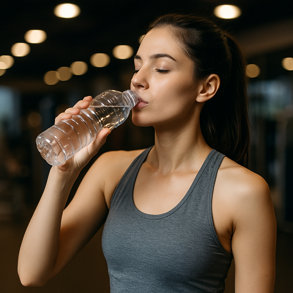땀을 흘린 젊은 여성이 운동복 차림으로 생수를 마시는 모습. 체중·활동량에 따라 달라지는 수분 보충의 중요성을 표현한 장면
