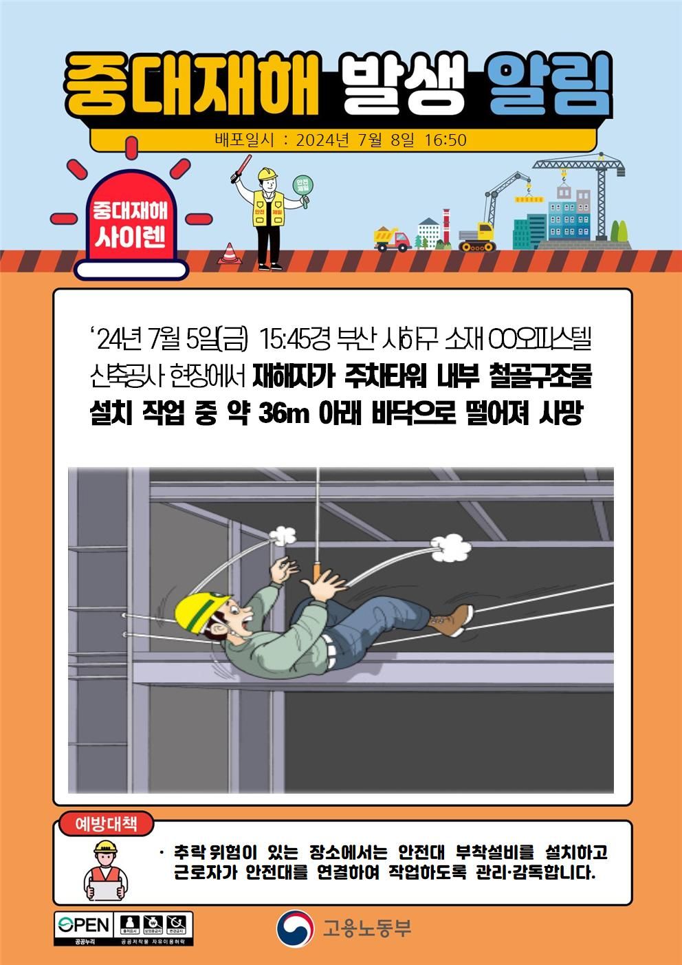 주차타워 내부 철골구조물 설치 작업 중 떨어짐(36m)