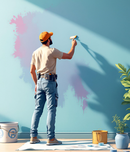 서툰 수리 흔적 위에 덧칠을 하며 가리려는 작업자의 모습, 잘못된 선택의 결과를 수습하는 장면