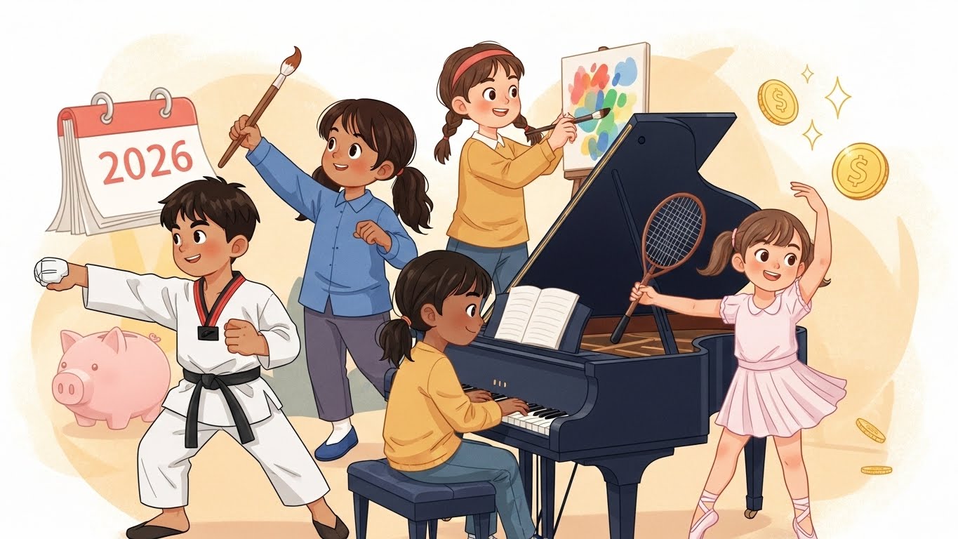 2026년 연말정산 초등 1, 2학년 자녀의 예체능 학원비 세액공제를 상징하는 태권도, 미술, 피아노 등 다양한 활동을 하는 행복한 아이들과 세금 환급을 의미하는 동전, 달력이 어우러진 그림.