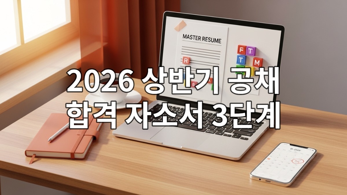 2026년 취업 준비를 위해 깔끔하게 정리된 책상 위 노트북과 테라코타 색상의 다이어리, 따뜻한 햇살이 비치는 모습