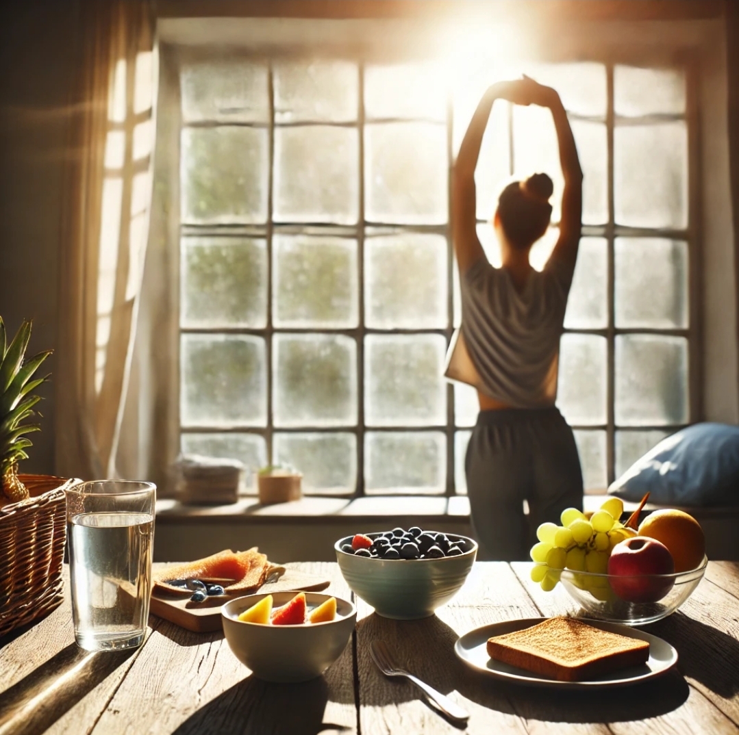 햇빛을 쬐며 신선한 과일과 요거트로 아침 식사를 준비한 모습