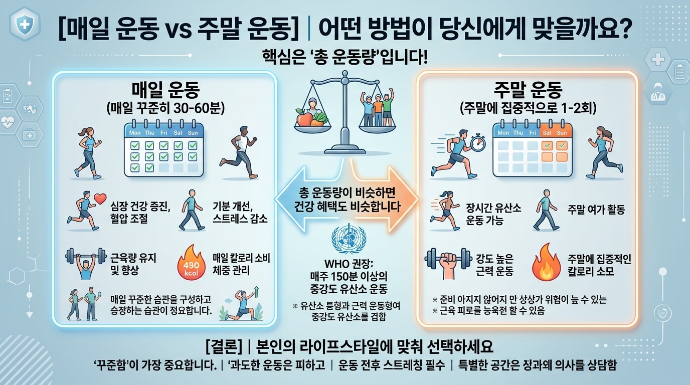 매일 운동과 일주일에 한 번 몰아서 운동의 효과를 비교하는 건강 인포그래픽