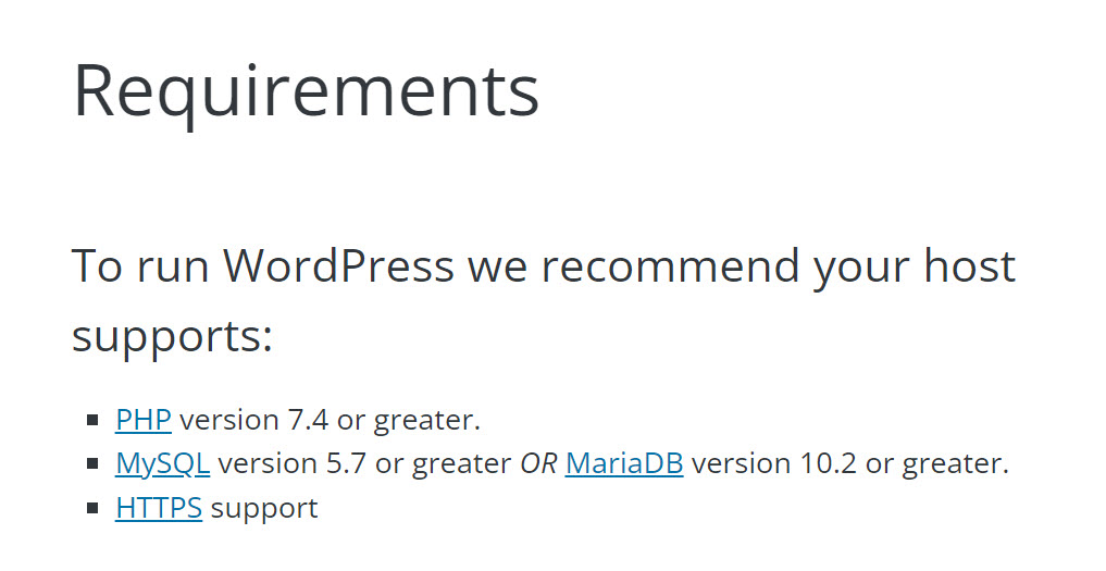 워드프레스 요구 사항