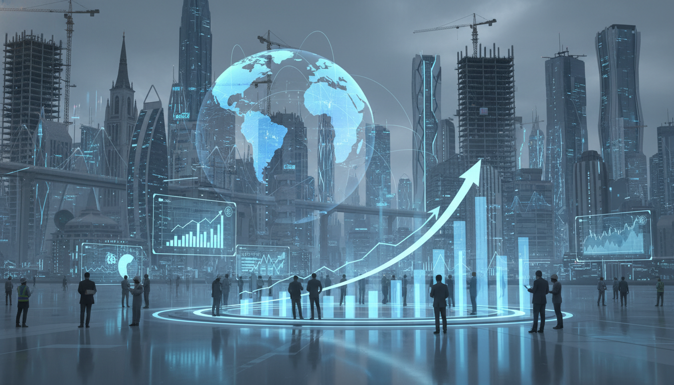 세계 각국의 다양한 건축물과 인프라 프로젝트가 어우러진 글로벌 건설 시장 풍경. 해외 수주 확대를 상징합니다.