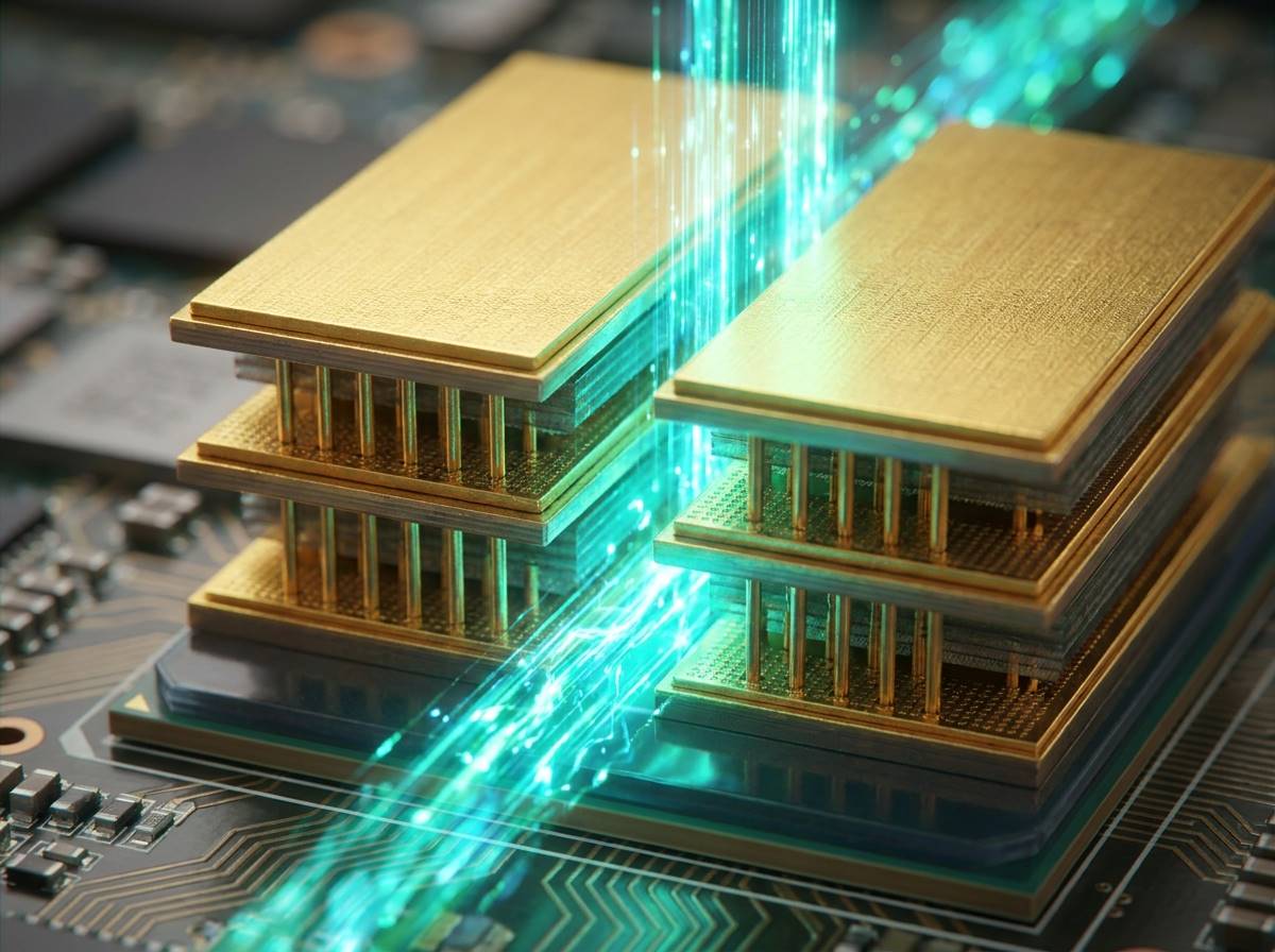 황금색 HBM 메모리 칩이 수직으로 쌓여 있는 매크로 클로즈업 사진