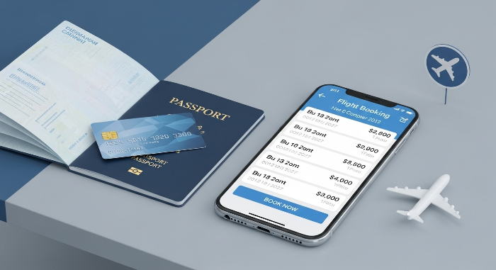 항공권 비교 앱, 여권, 신용카드가 놓인 책상 풍경으로 현명한 예약 준비를 상징
