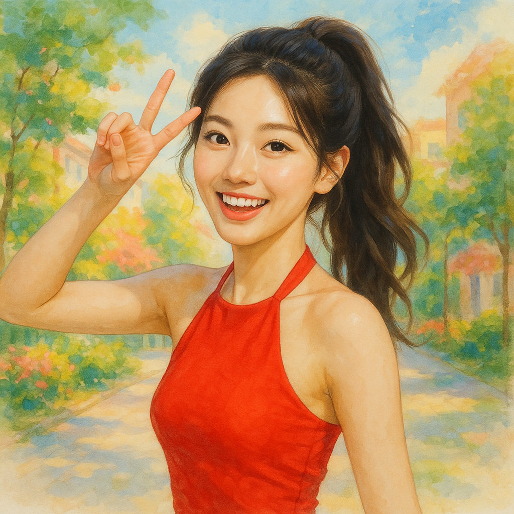 레드 홀터넥 탑을 입은 발랄한 여성, 초여름 수채화 배경
Cheerful woman in a red halter neck top with watercolor summer background