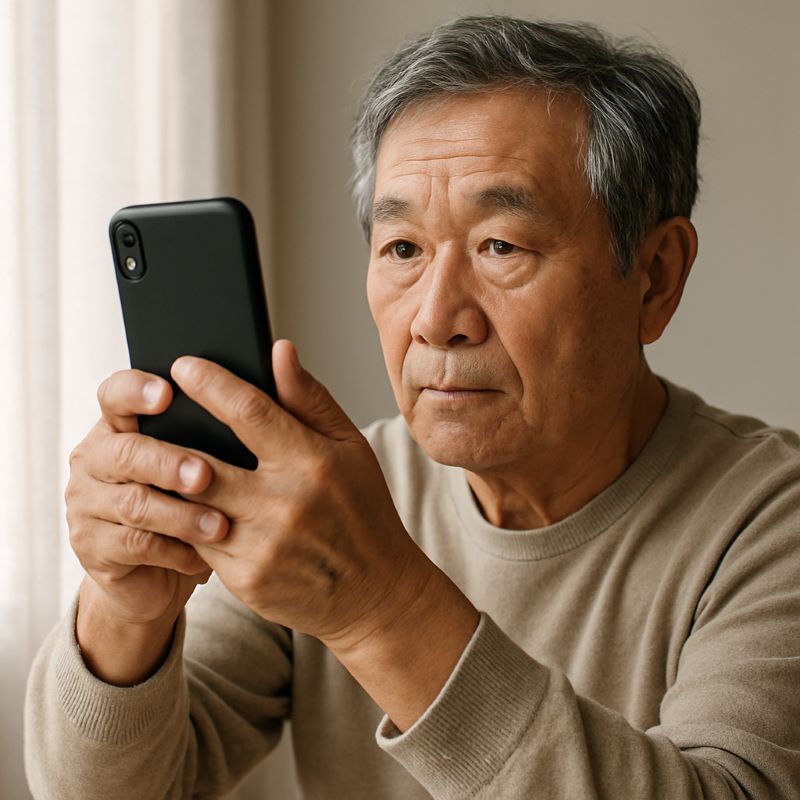 스마트폰으로 사진을 찍는 노인