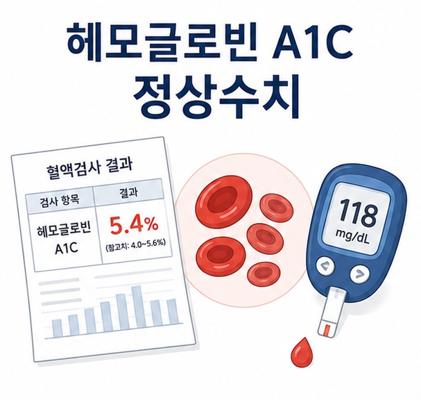 혈액검사 결과지와 적혈구, 혈당 측정기를 함께 배치해 헤모글로빈 A1C 정상수치를 설명하는 대표 이미지