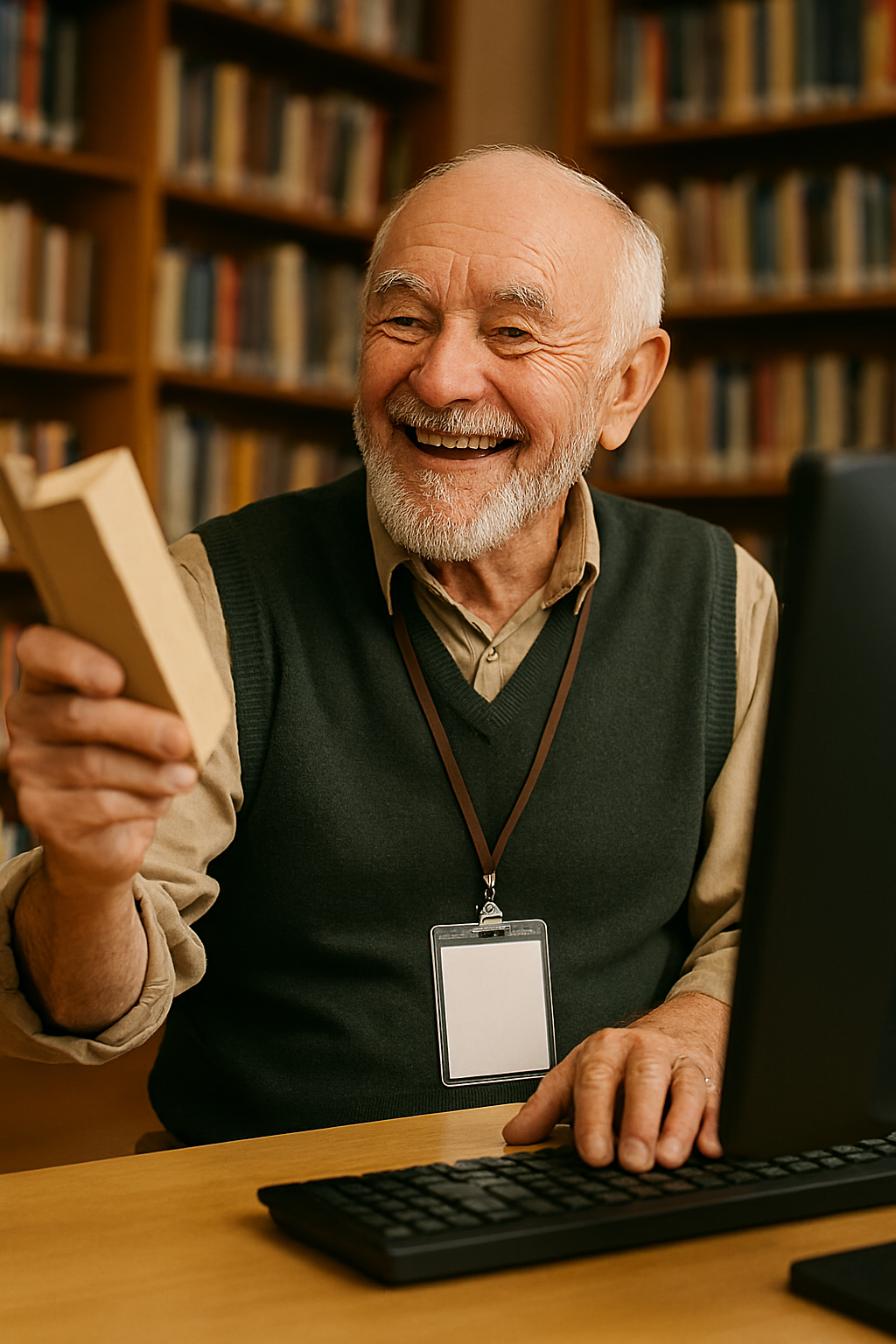 사무직 노인 일자리에서 일하는 노인이 뿌듯해 하고 있다.