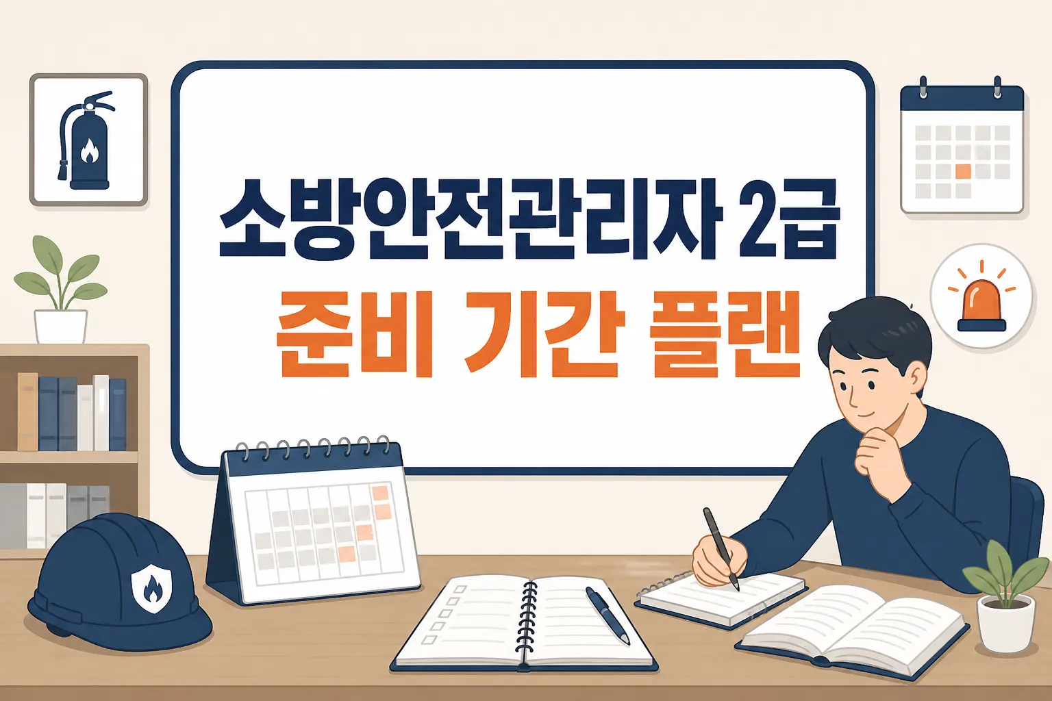 소방안전관리자 2급 준비 기간을 처음 확인하는 독자가 학습 일정과 시험 준비 범위를 빠르게 파악하도록 구성한 썸네일 이미지